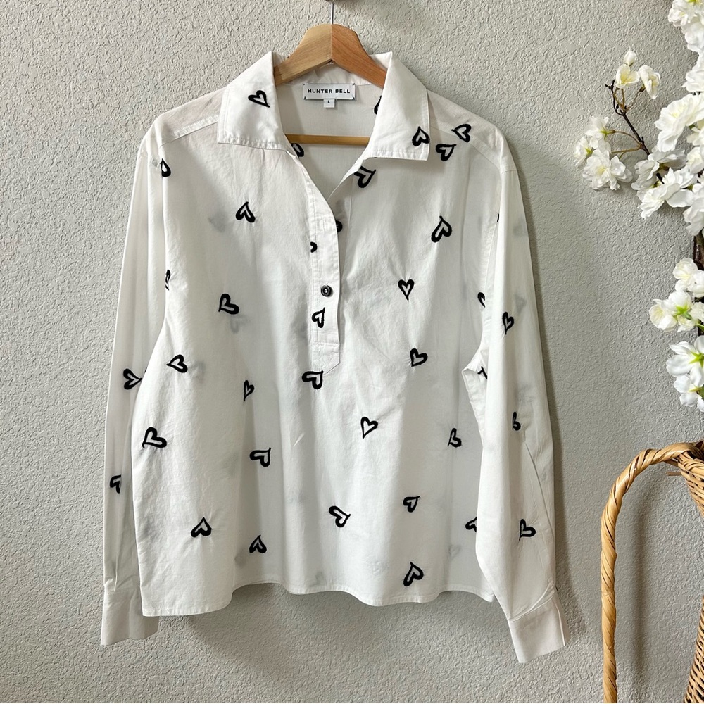 Hunter Bell Nigel Shirt White Embroidered Heart Size Large Long Sleeve Cotton